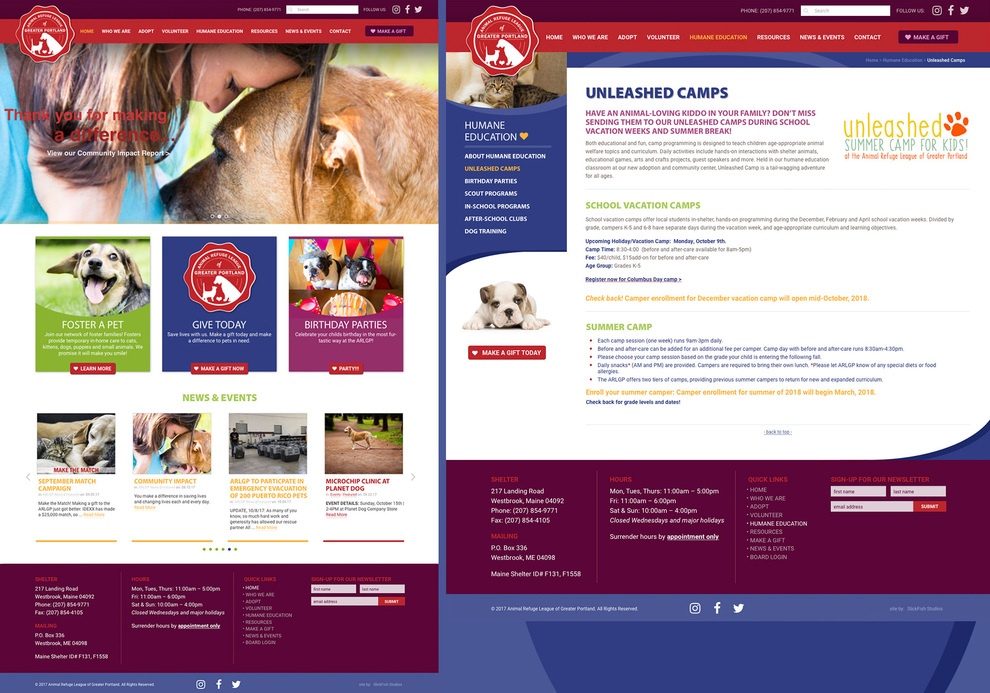 A composite of alternate homepage for the Animal Refuge League of Greater Portland website designed by SlickFish Studios and unleashed camps.