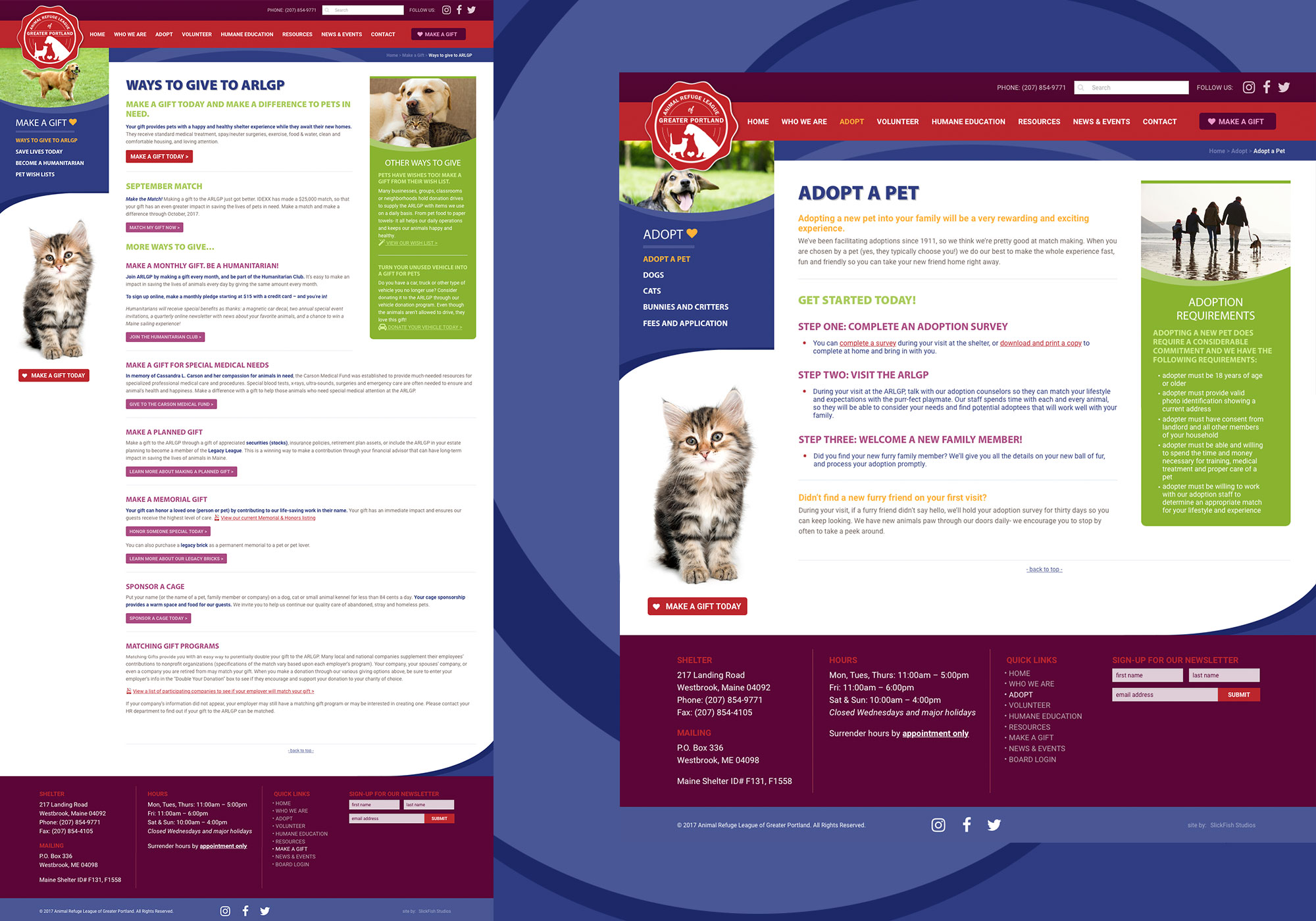 A custom wordpress website design for the Animal Refuge League of Greater Portland in Westbrook, Maine by Portland, Maine by Portland, Maine website design company, SlickFish Studios.