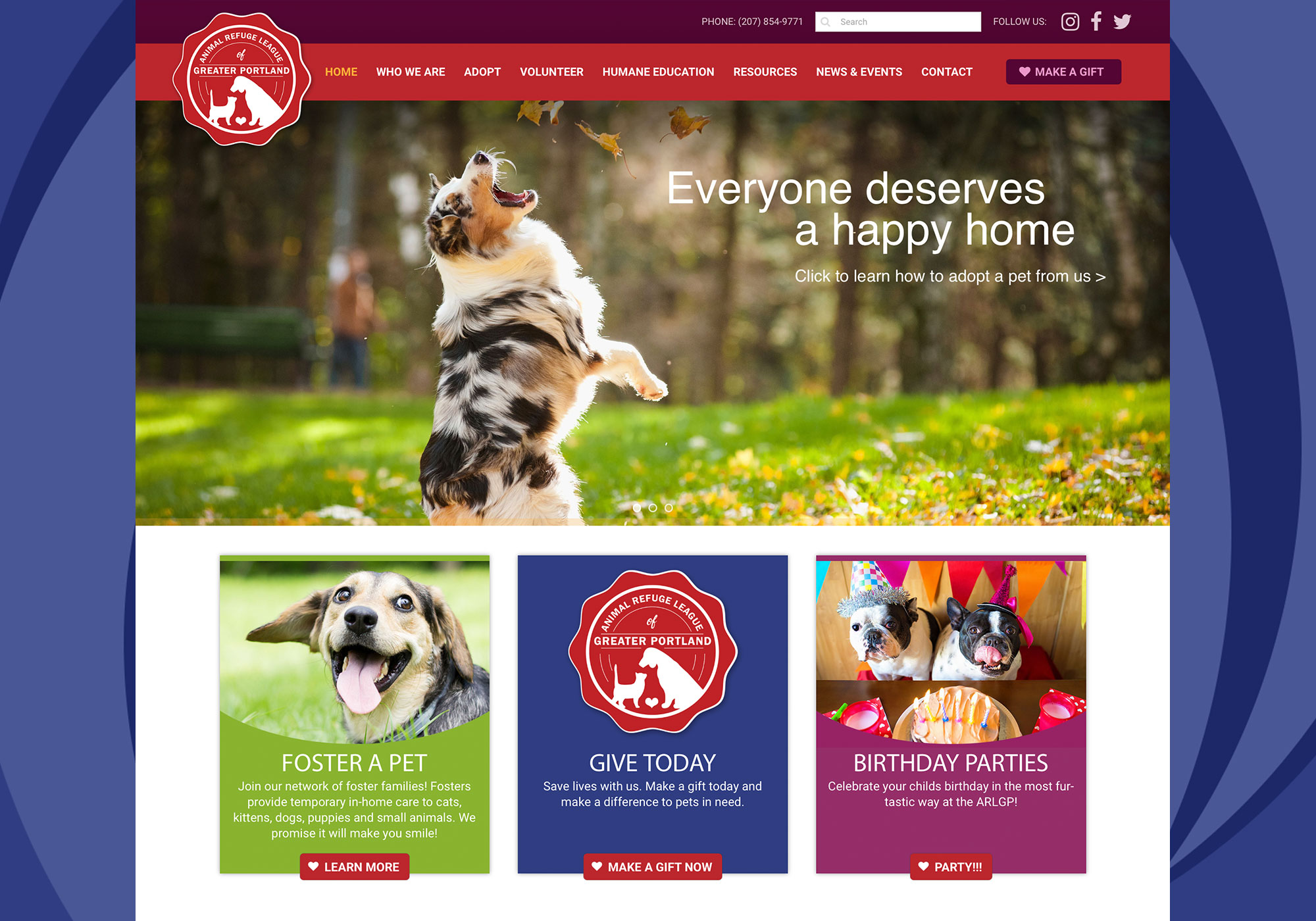 A closeup of the homepage for Animal Refuge League of Greater Portland designed by SlickFish Studios in Portland, Maine.