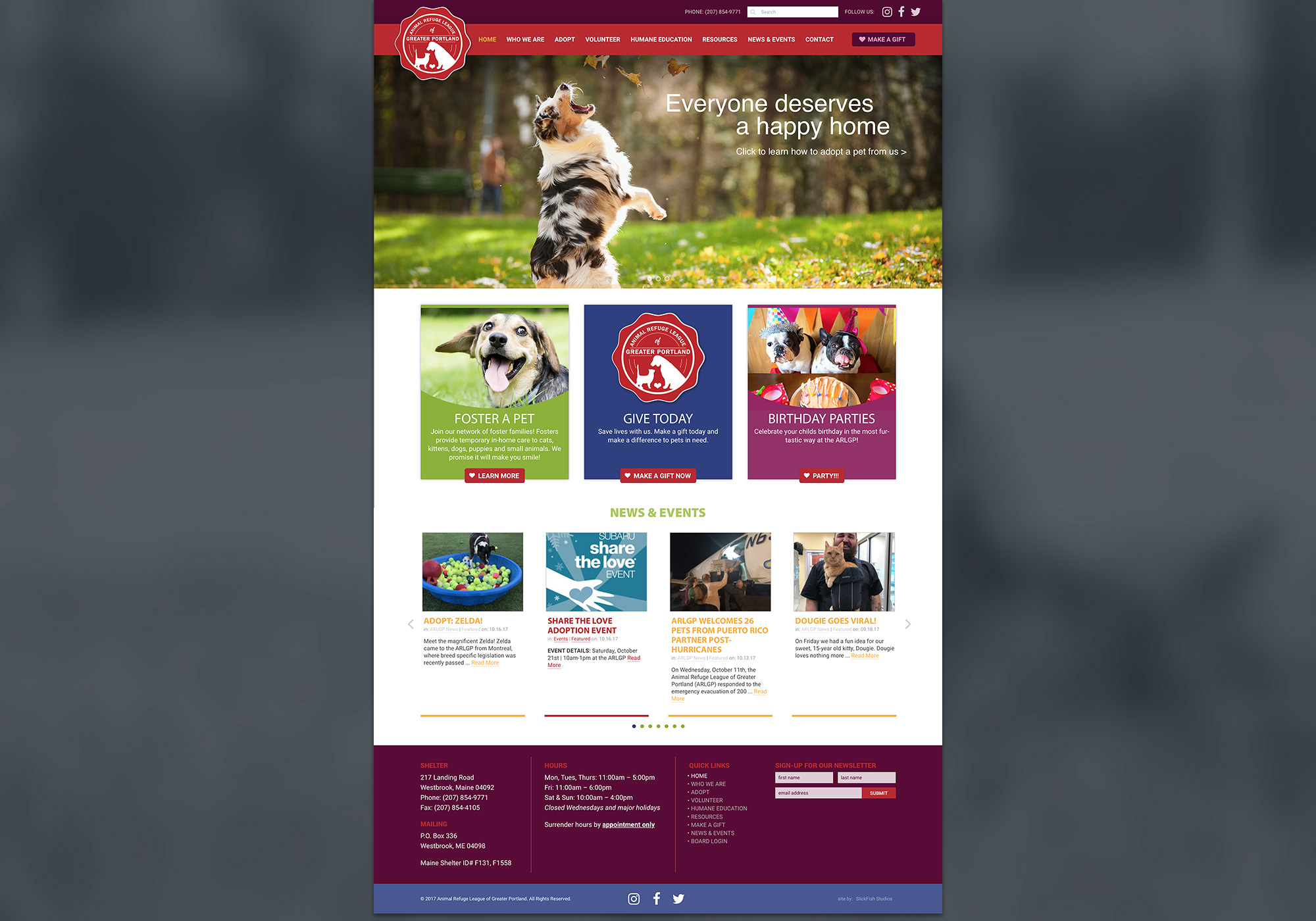 A screenshot of the SlickFish Studios designed and developed website for Animal Refuge League of Greater Portland in Maine