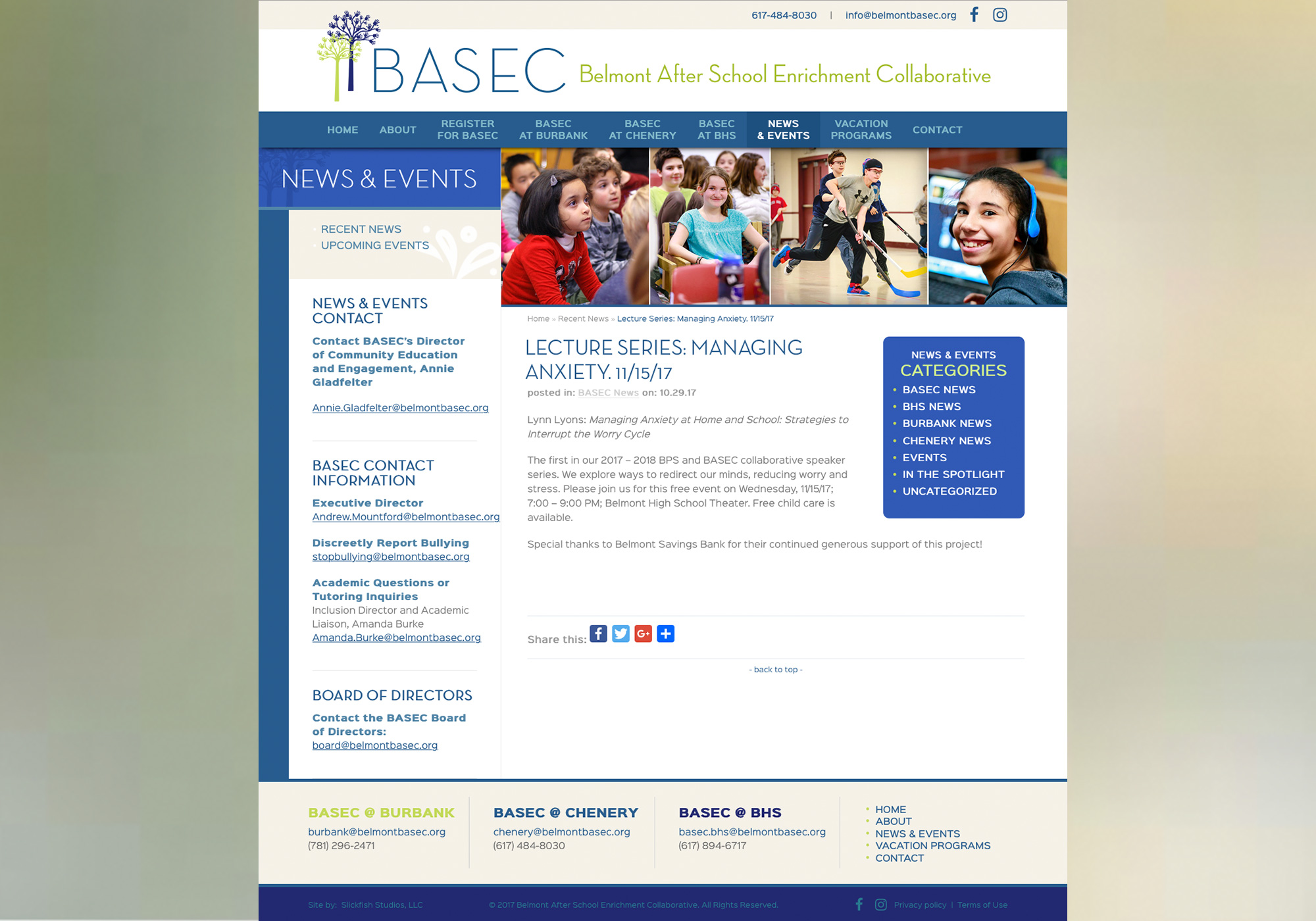 There's a lot going on at Belmont BASEC in Massachusetts! Find out what on their News & Events blog programmed by Maine design company, SlickFish Studios.