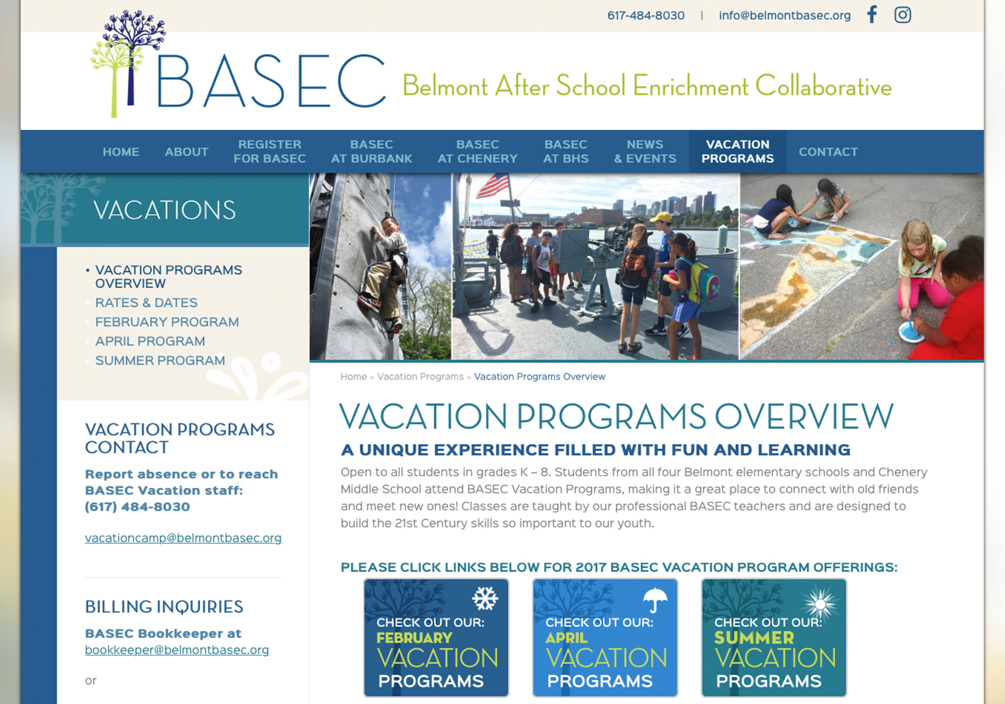Vacation Programs has a specific look in this custom wordpress website design for the Belmont After School Enrichment Collaborative by Portland, Maine website design company, SlickFish Studios.
