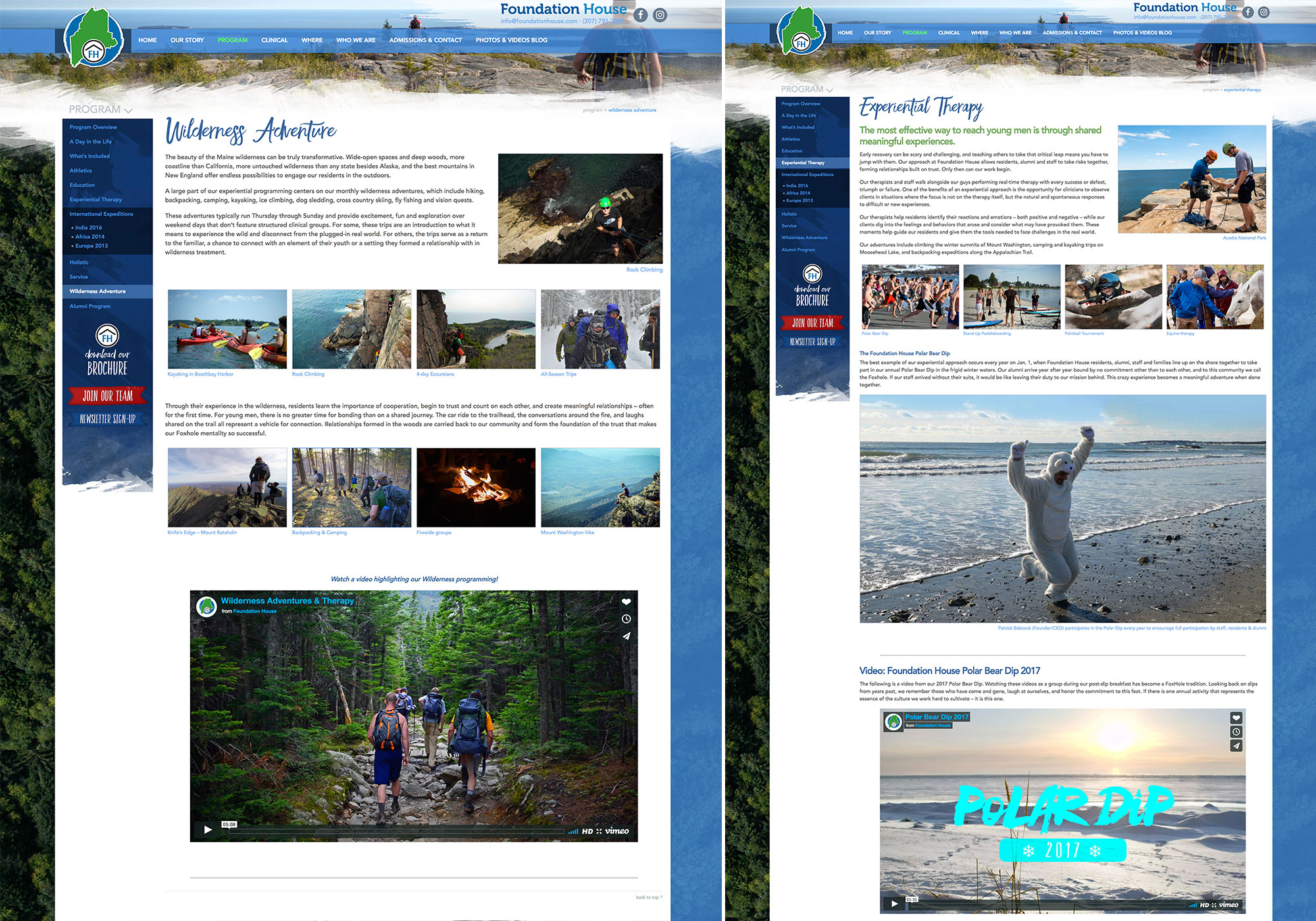A website for extended recovery and sober living facility, Foundation House. A screenshot of two of the program pages by creative Portland, Maine website design firm, SlickFish Studios.