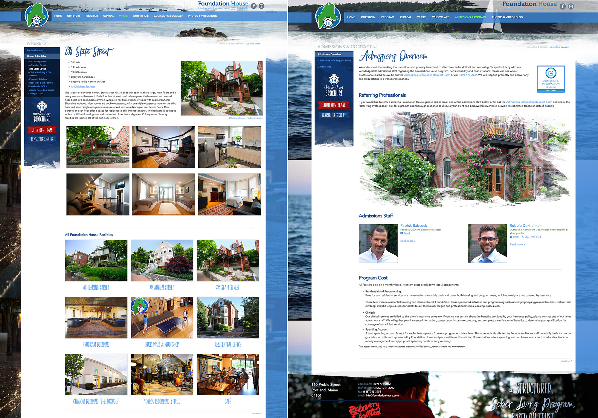 SlickFish designed website for Foundation House. A screenshot of the Facilities and Admissions pages.