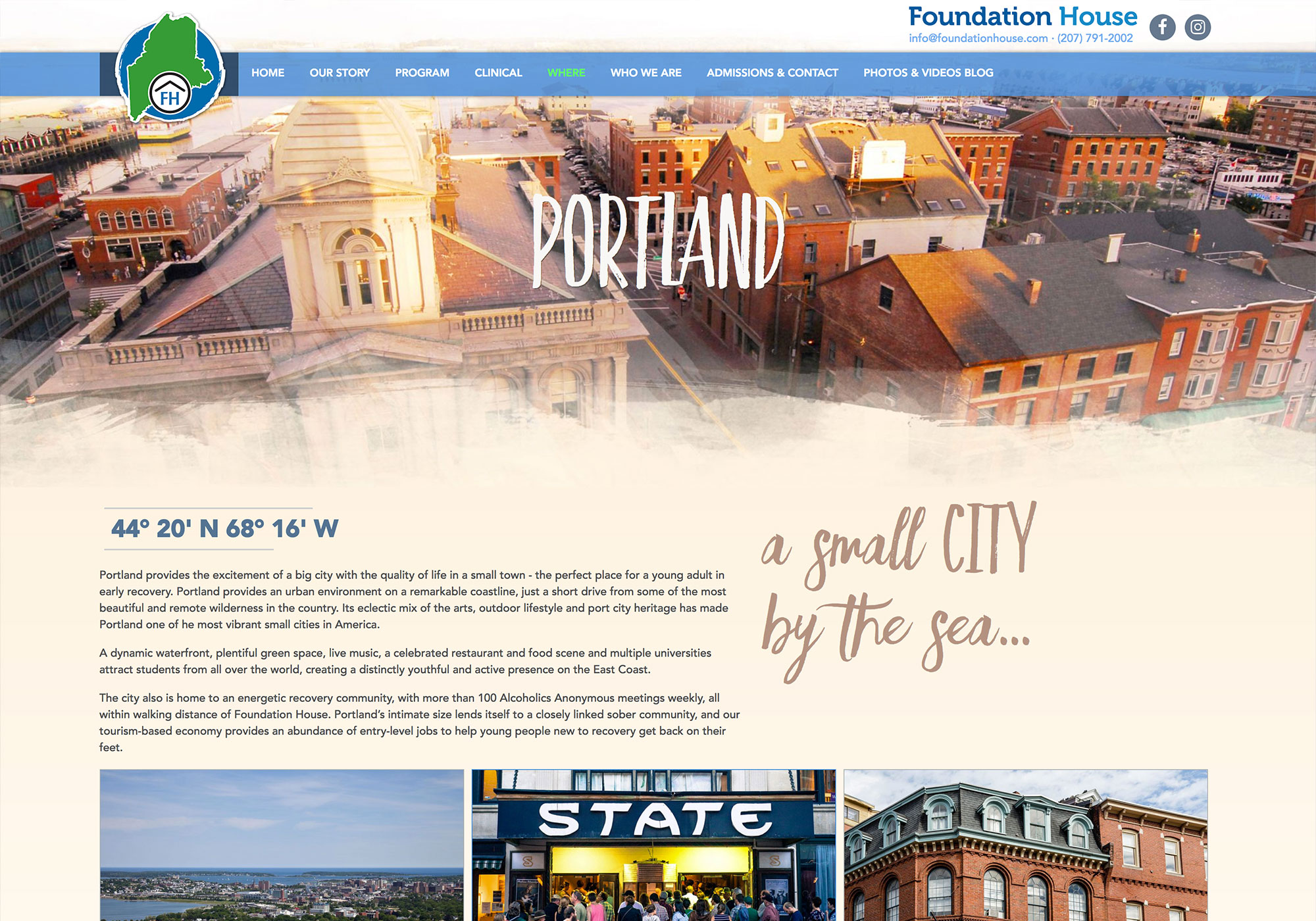 Maine web design company, SlickFish Studios, designed and developed the new Foundation House - a screenshot of part of the Portland, Maine page.