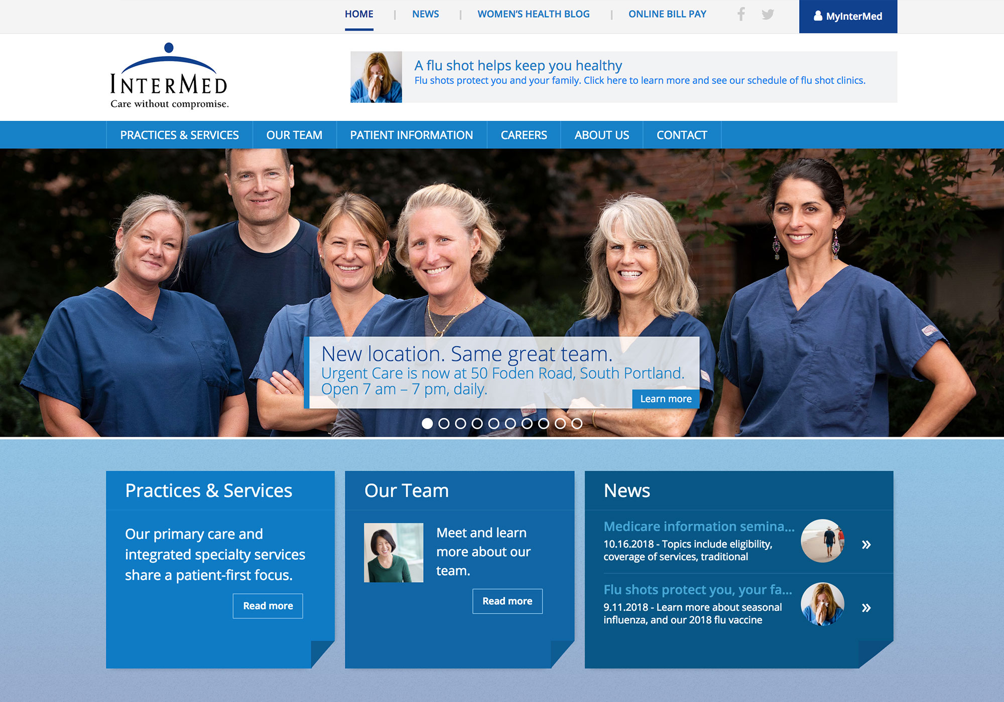 A screenshot of the homepage featuring the Urgent Care Team at InterMed. The website was designed and programmed by Maine creative website design company, SlickFish Studios