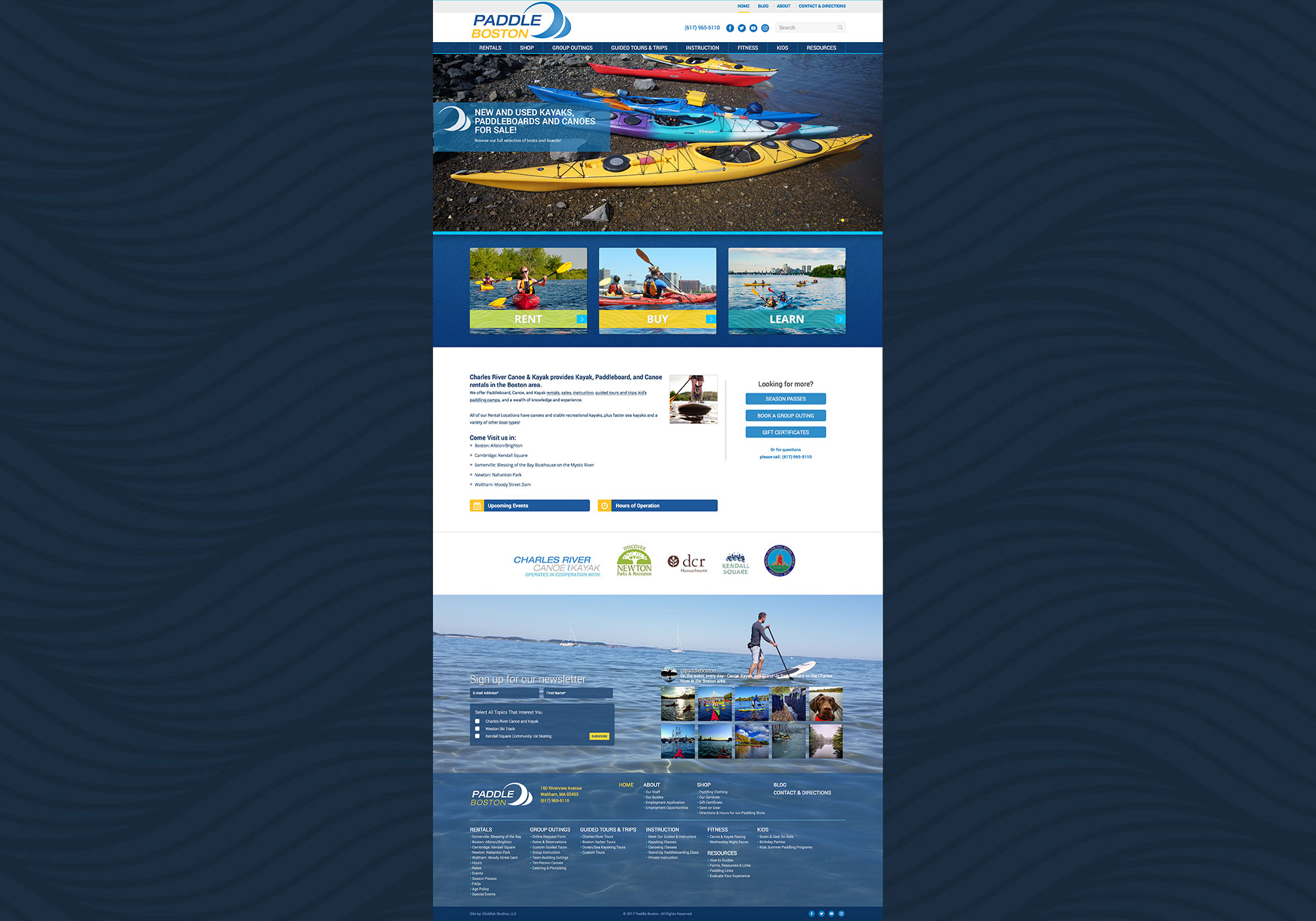 A composite of the homepage for Paddle Boston designed by SlickFish Studios in Portland, Maine.