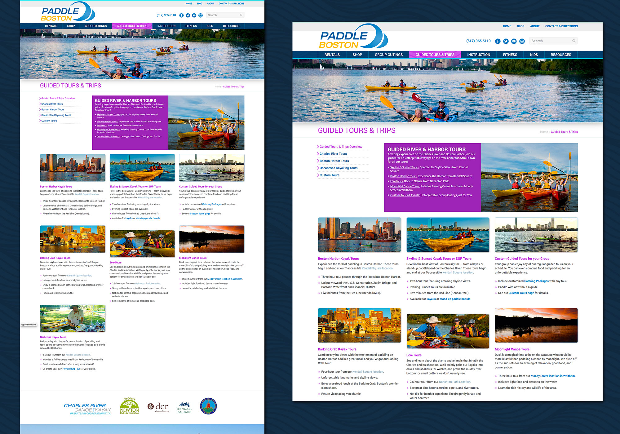 Guided Tours section has a specific color scheme in this custom wordpress website design for Paddle Boston by Portland, Maine website design company, SlickFish Studios.