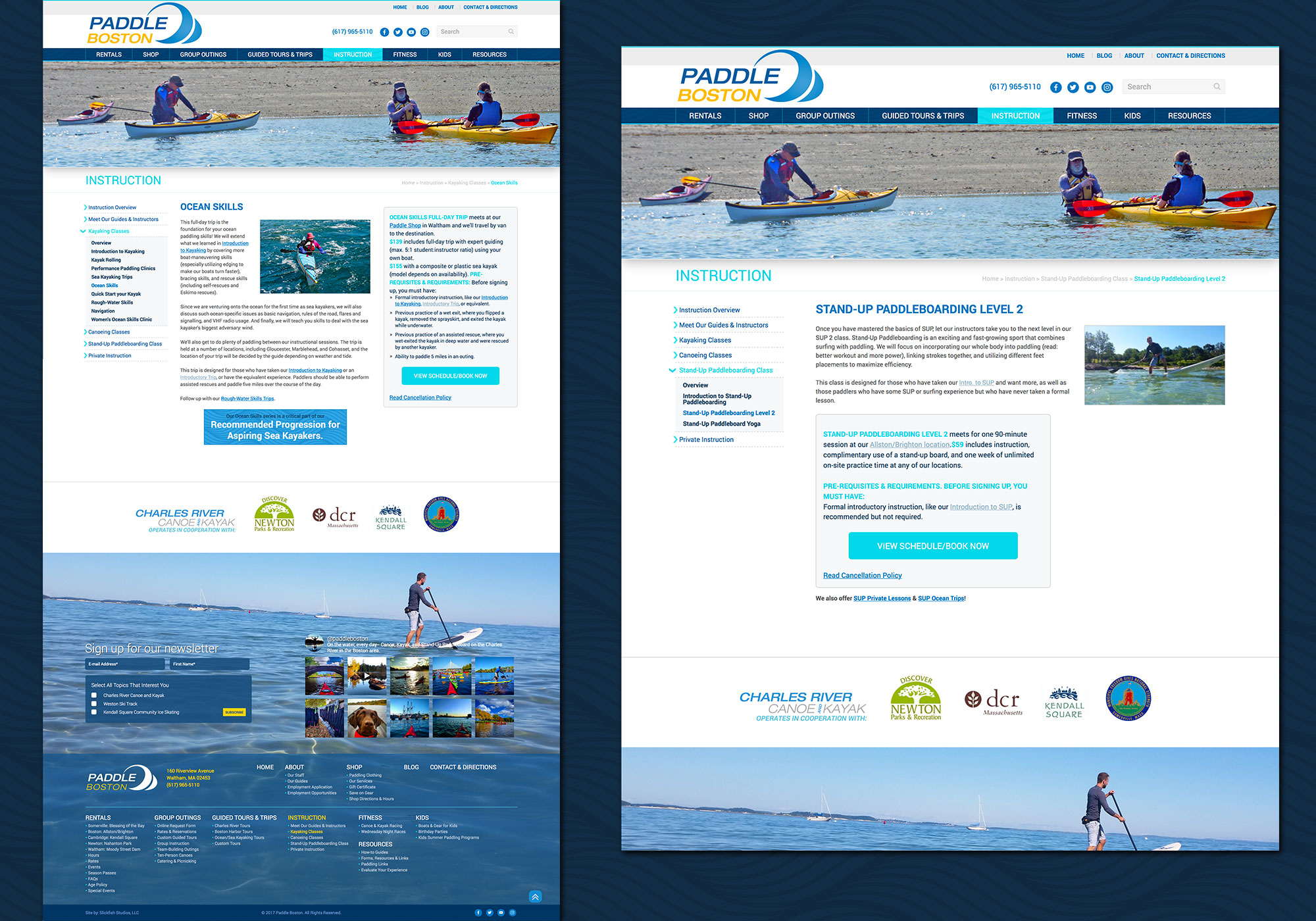 A composite look at the Instruction page/section on the new Paddle Boston website. Includes instruction on Stand-up paddle boards, Kayaking, sea kayaking and canoeing. Designed and developed by Maine website design company, SlickFish Studios