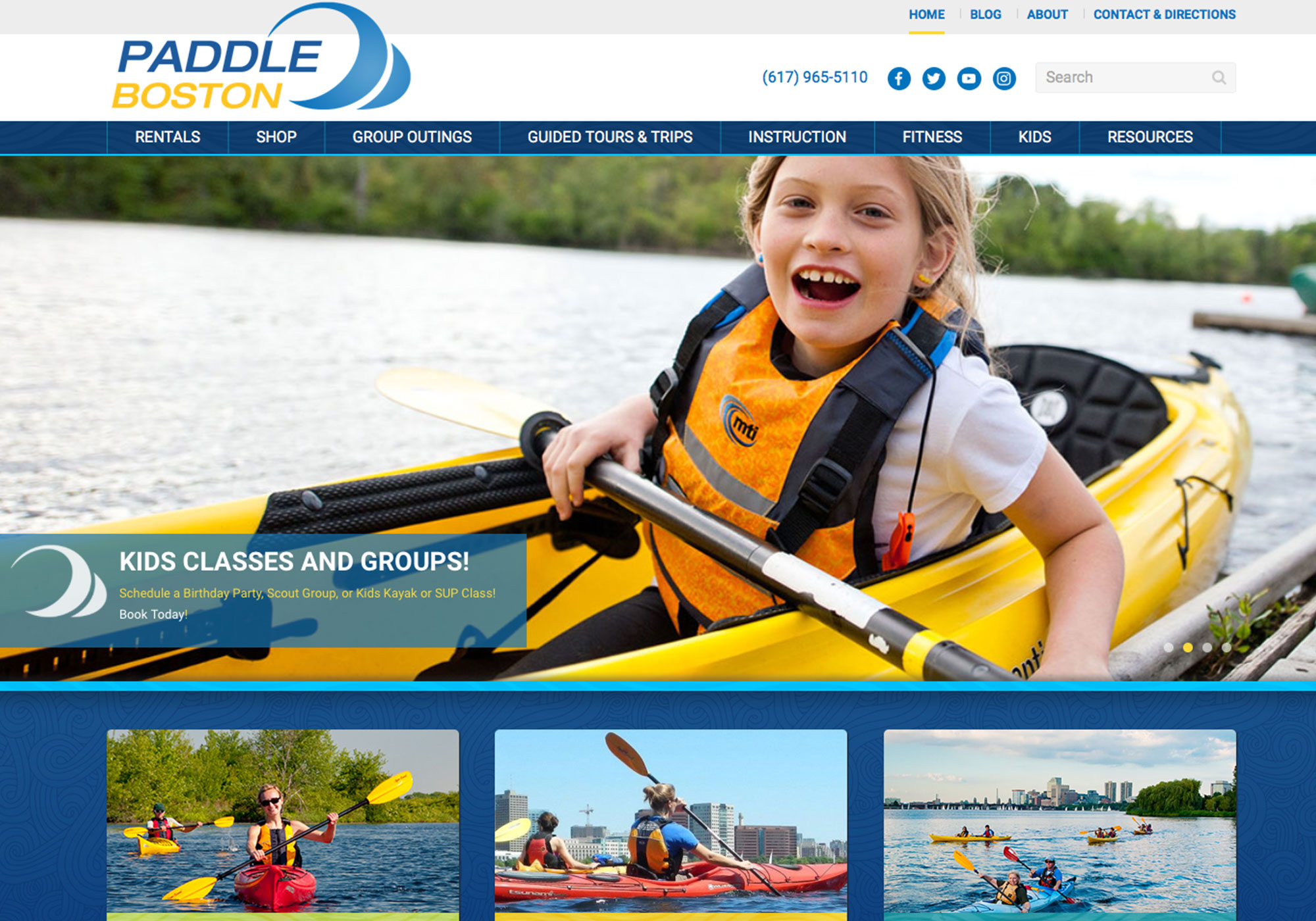 A screenshot of the SlickFish Studios designed and developed website for Paddle Boston, aka Charles River Canoe & Kayak.